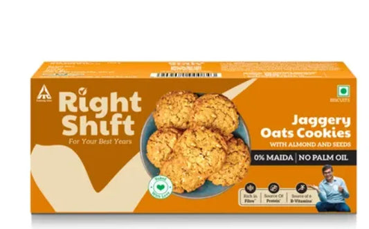 Right Shift Jaggery Oats 0% Maida Cookies | 0% Refined Sugar | With Nuts and Seeds Share.svg Net Qty: 1 pack (100 g)