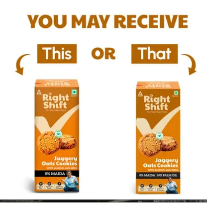 Right Shift Jaggery Oats 0% Maida Cookies | 0% Refined Sugar | With Nuts and Seeds Share.svg Net Qty: 1 pack (100 g)