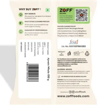 ZOFF Ajwain Whole (Carom Seeds) Share.svg Net Qty: 1 pack (100 g)