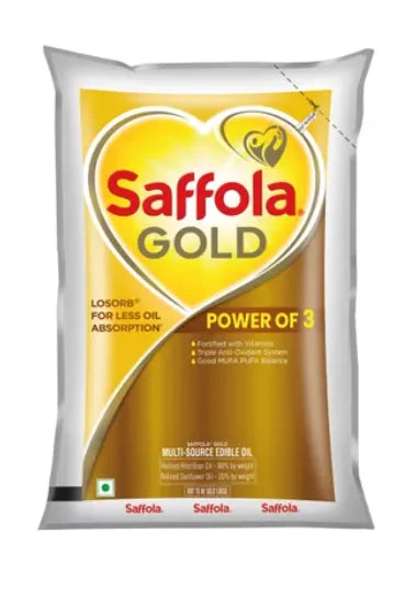 Saffola Gold Oil, Power of 3, Pouch Share.svg Net Qty: 1 pack (1 L)
