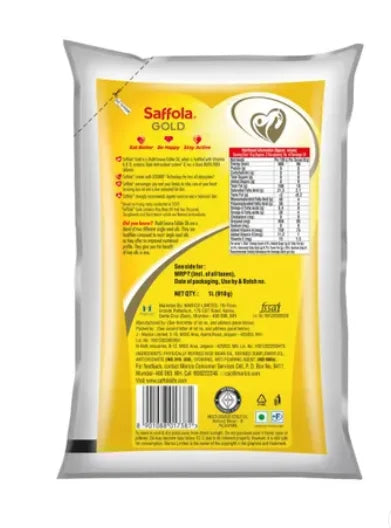 Saffola Gold Oil, Power of 3, Pouch Share.svg Net Qty: 1 pack (1 L)