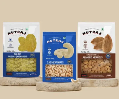 Nutraj Almond/Badam California (500g) & Nutraj Raisin/Kismish (500g) & Nutraj Cashew/Kaju (500g) Combo